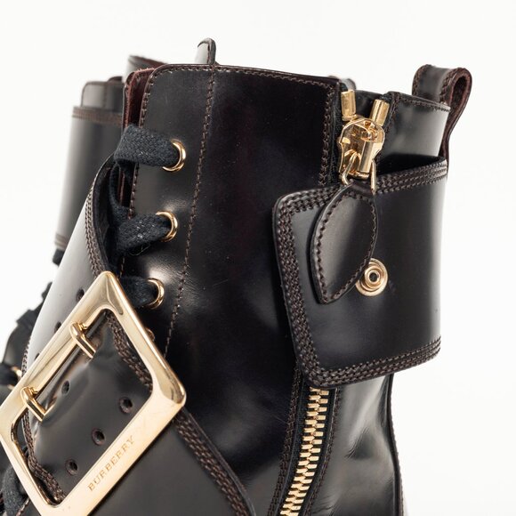 Burberry Scarcroft 50 Bordeaux Buckled Glossed-Leather Combat Boots - Picture 10 of 11